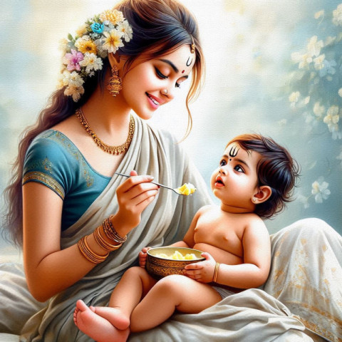 Desin mother Feeding butter to Child