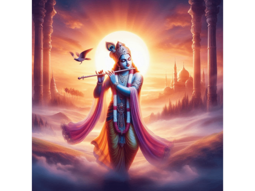 Krishna in a sunrise background