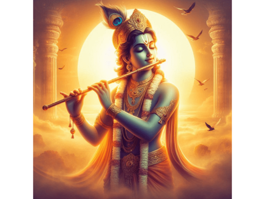 Krishna with his flute in Sunrise Background