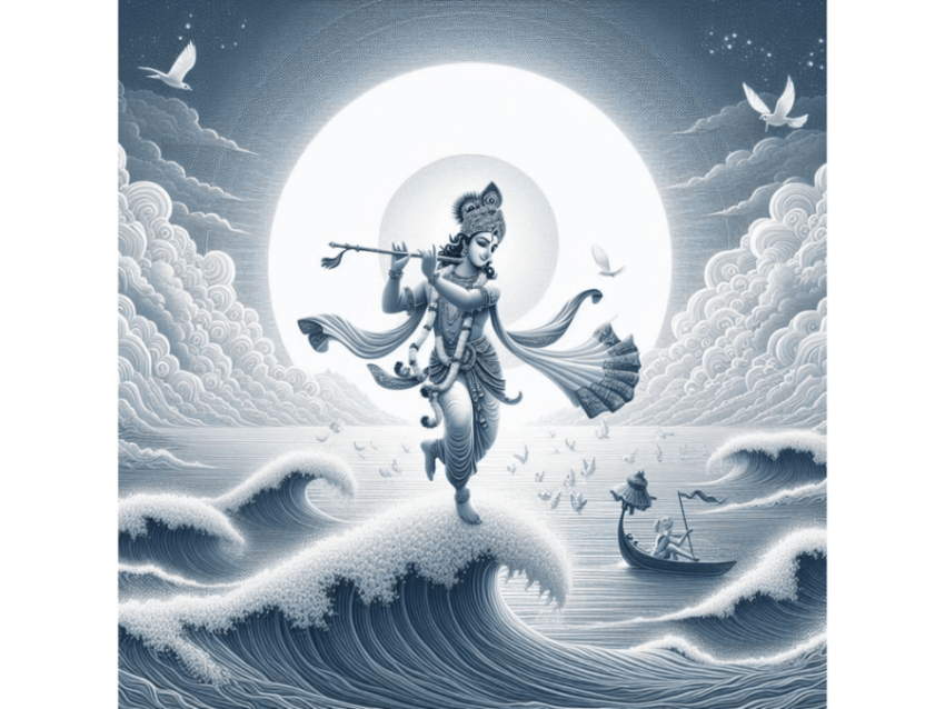 Krishna in a serene ocean background