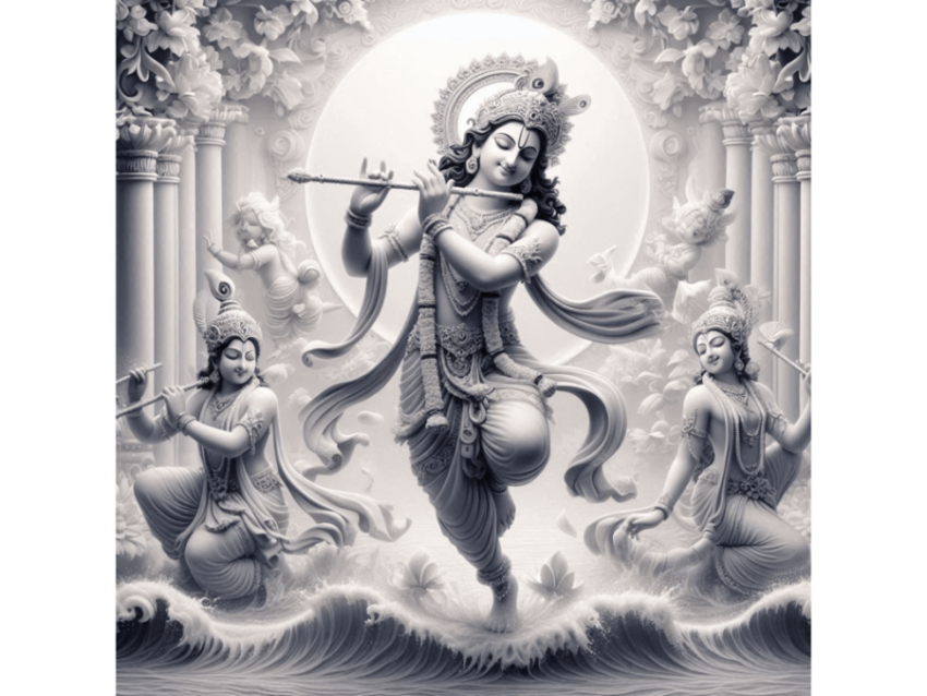 Lord Krishna with his Flute in Water waves